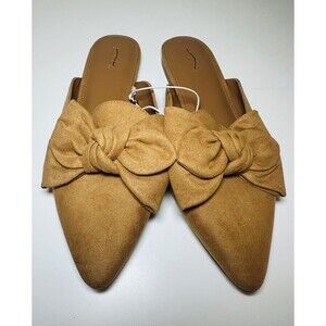 J. Crew Tan Brown Big Bow Pointy Toe Slip On Mules‎ Faux Suede Women's SIZE 9